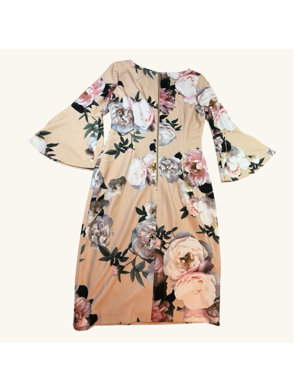 Calvin Klein Floral Dress Size 8 Beige Pink Rose Print Bell Sleeve Sheath - Picture 7 of 8